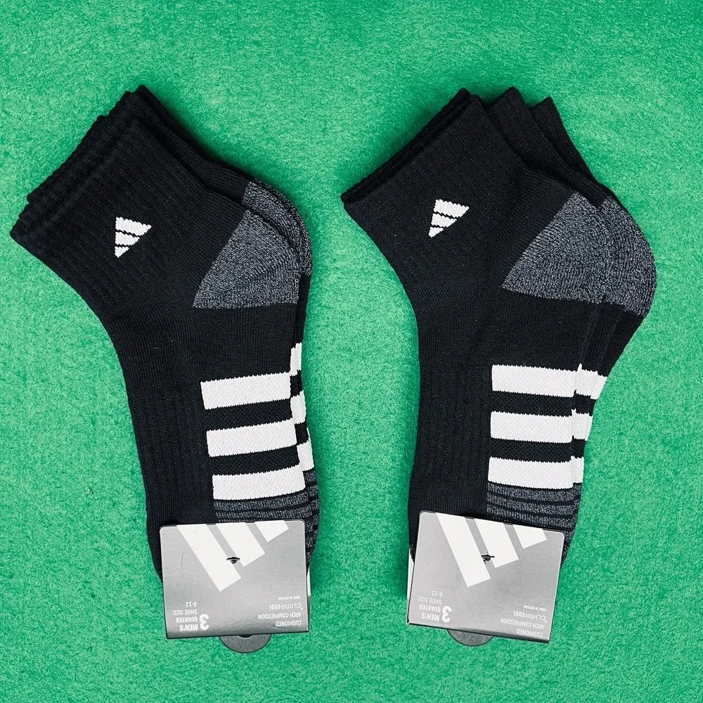 6 Pair Adidas Men's Cushioned Arch Compression Quarter Cut Socks Size 6-12 Black